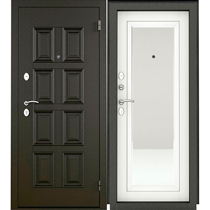 Дверь входная Фактум  Графит/Белое дерево ЗЕРКАЛЬНАЯ НАКЛАДКА