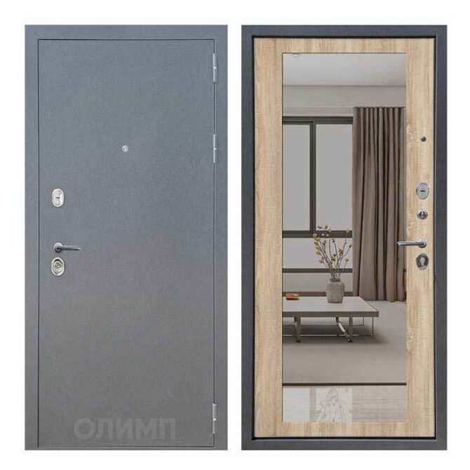 Дверь входная 10 см Аркан Букле графит/Дуб сонома Зеркальная накладка