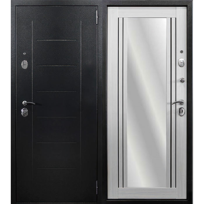 Дверь входная 10 см Кадос ЗЕРКАЛЬНАЯ НАКЛАДКА Антик серебро/Бетон белоснежный