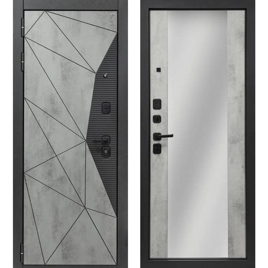 Дверь входная 10,5 см МДФ/МДФ МОРИОН COMFORT ЗЕРКАЛЬНАЯ НАКЛАДКА Геометрия Муар черный/Бетон светлый