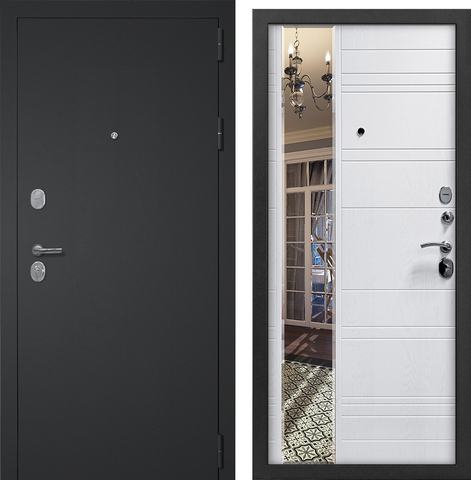 Дверь входная 10 см Кристел Техно F черный муар с блестками/Белый ЗЕРКАЛЬНАЯ НАКЛАДКА