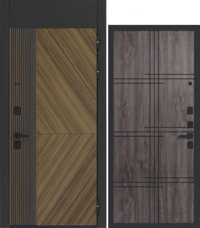 Дверь входная 11см Сенатор МДФ/МДФ Орех натуральный патина черная/Vinorit серый патина черная