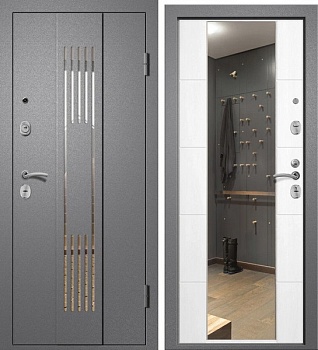 Дверь входная 10,5 см Медея 321 М5 Букле серый/Софт айс/ЗЕРКАЛЬНАЯ НАКЛАДКА