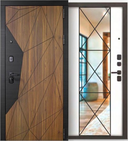 Дверь входная 11,6 см МДФ/МДФ Морра ЗЕРКАЛЬНАЯ НАКЛАДКА Орех каньон коньяк нубук/Клетка белая