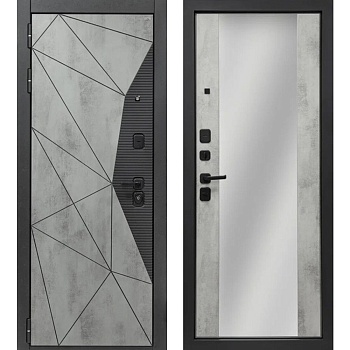 Дверь входная 10,5 см МДФ/МДФ МОРИОН COMFORT ЗЕРКАЛЬНАЯ НАКЛАДКА Геометрия Муар черный/Бетон светлый
